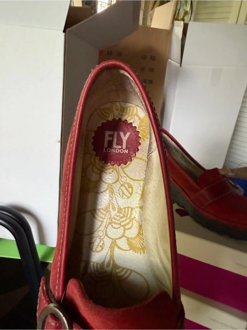 Women’s Red Suede Slip-On Loafers with Buckle Accent